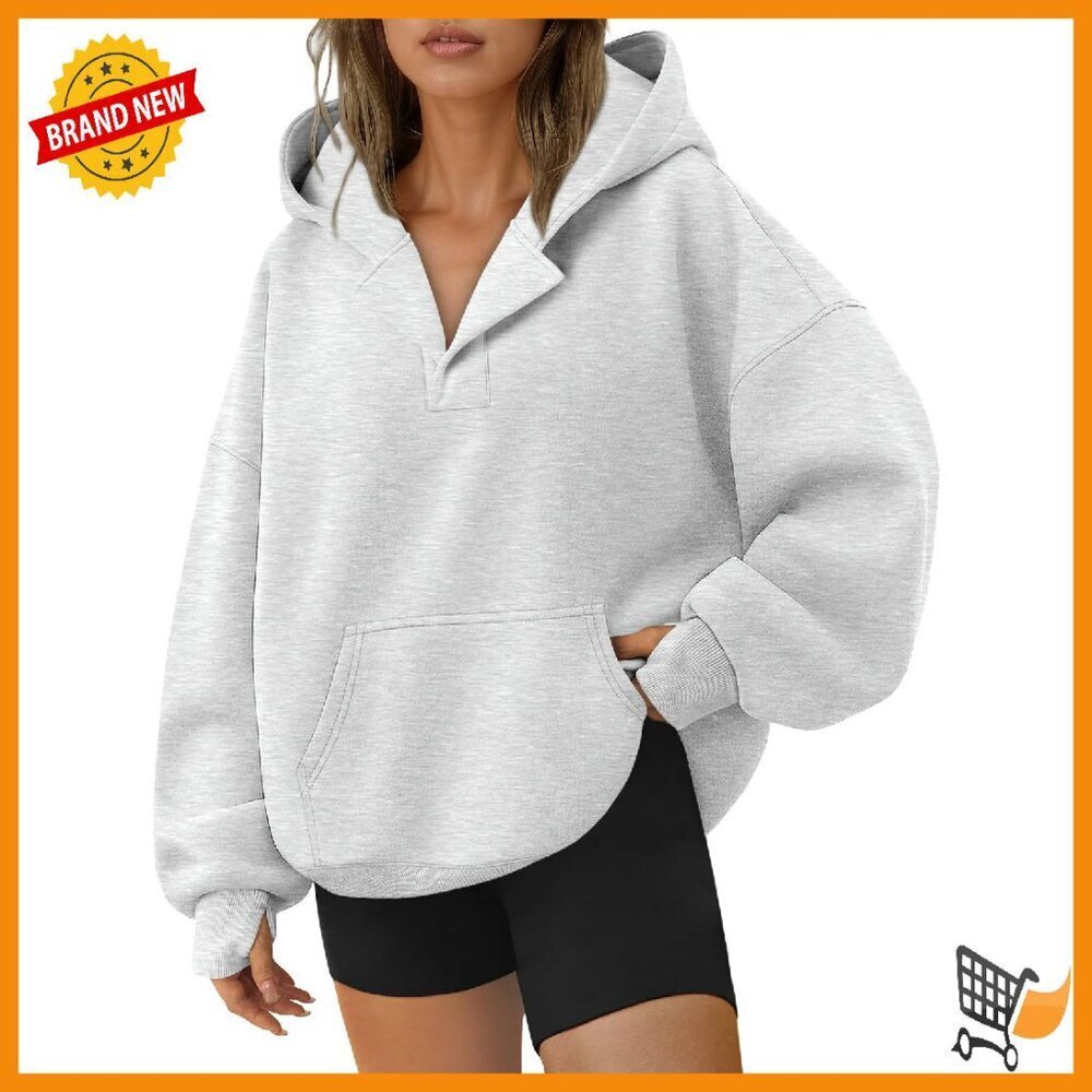 Oversized V-Neck Hoodie with Thumb Holes, 50% Polyester 50% Cotton
